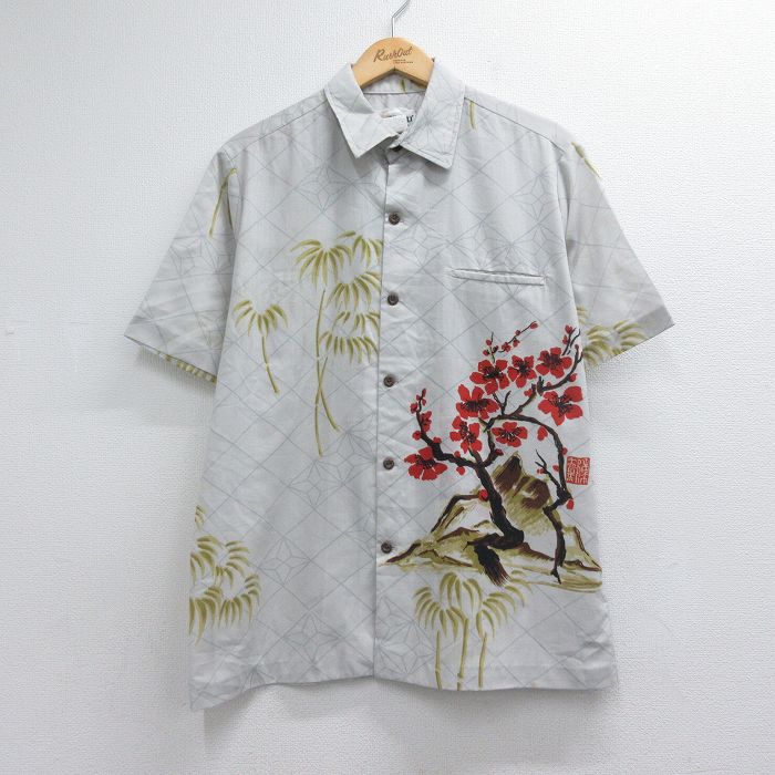 80s 半袖ハワイアンシャツ 水墨画 グレー メンズL相当 | 古着