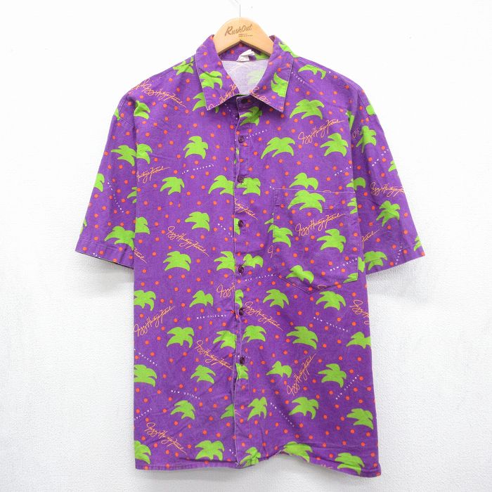 XL★古着 半袖 ハワイアン シャツ メンズ 90年代 90s ニューオーリンズ ジャズフェス コットン 開襟 オープンカラー USA製 パープル 26jul06