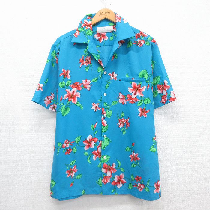 90s 半袖シャツ ハイビスカス ライトブルー メンズL相当 | 古着