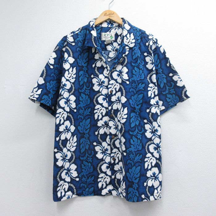 ハワイアン 90s 半袖シャツ ハイビスカス ネイビー メンズXL相当 | 古着