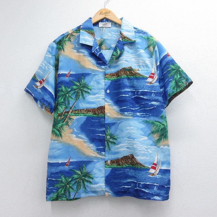 ハワイアン 90s 半袖シャツ ヤシの木ヨット ブルー メンズXL相当 | 古着