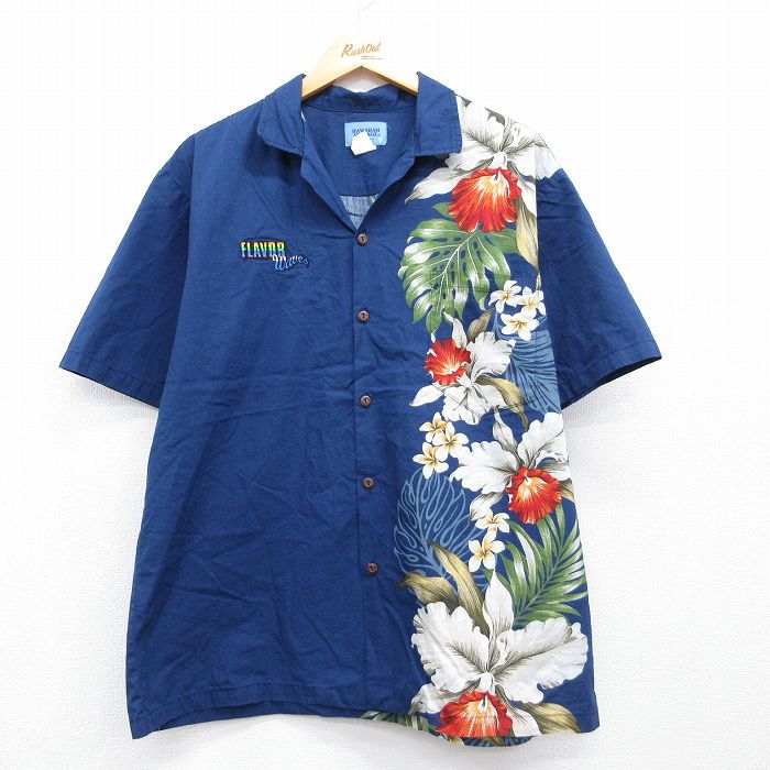 90s 半袖ハワイアンシャツ 花 ネイビー メンズL相当 | 古着