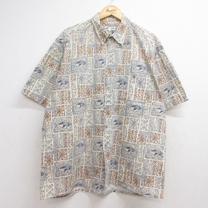 XL★古着 ピエールカルダン 半袖 ハワイアン シャツ メンズ 90年代 90s 魚 大きいサイズ コットン ベージュ【spe】 26aug06