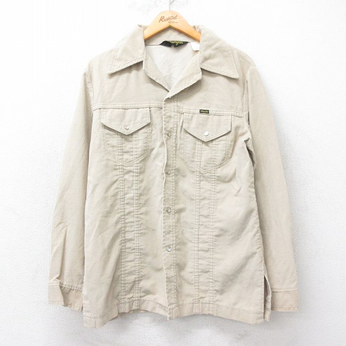 M★古着 ラングラー Wrangler 長袖 シャツ ジャケット メンズ 80年代 80s コーデュロイ 開襟 オープンカラー USA製 ベージュ カーキ 25oct15 中古 アウター