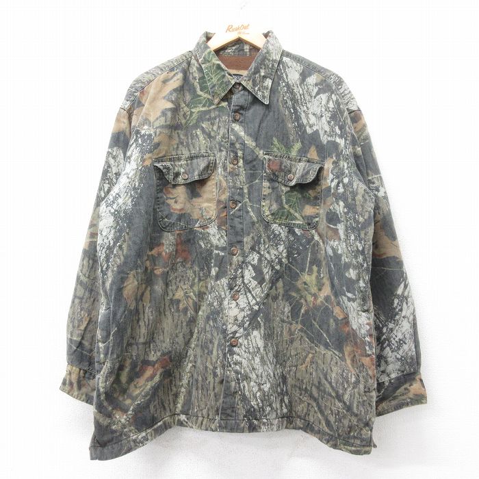 XL★古着 長袖 シャツ ジャケット メンズ 00年代 00s 大きいサイズ コットン 茶他 ブラウン 迷彩 内側フリース 25oct15 中古 アウター