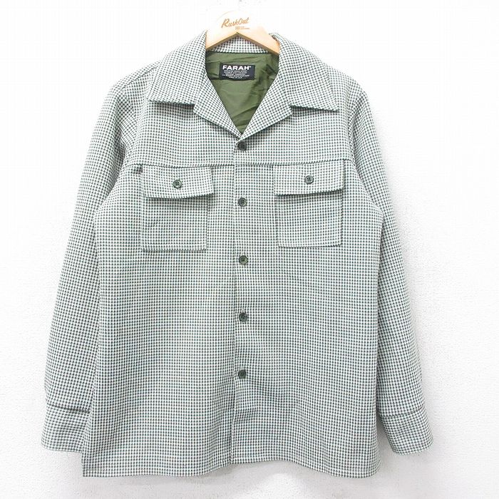 M★古着 FARAH 長袖 シャツ ジャケット メンズ 70年代 70s 開襟 オープンカラー 緑他 グリーン チェック 25oct15 中古 アウター