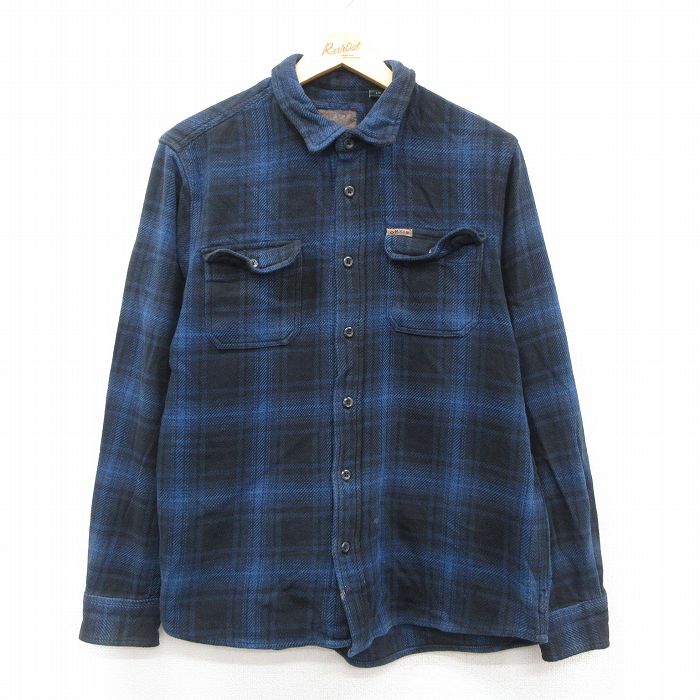 L★古着 オービス 長袖 フランネル シャツ ジャケット メンズ コットン 紺他 オンブレ チェック 25nov15