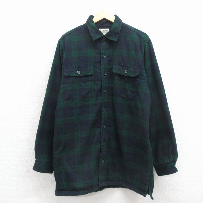 XL★古着 エルエルビーン 長袖 シャツ ジャケット メンズ 00年代 00s ロング丈 コットン 緑他 タータン チェック ブラックウォッチ 内側フリース【spe】 26mar03