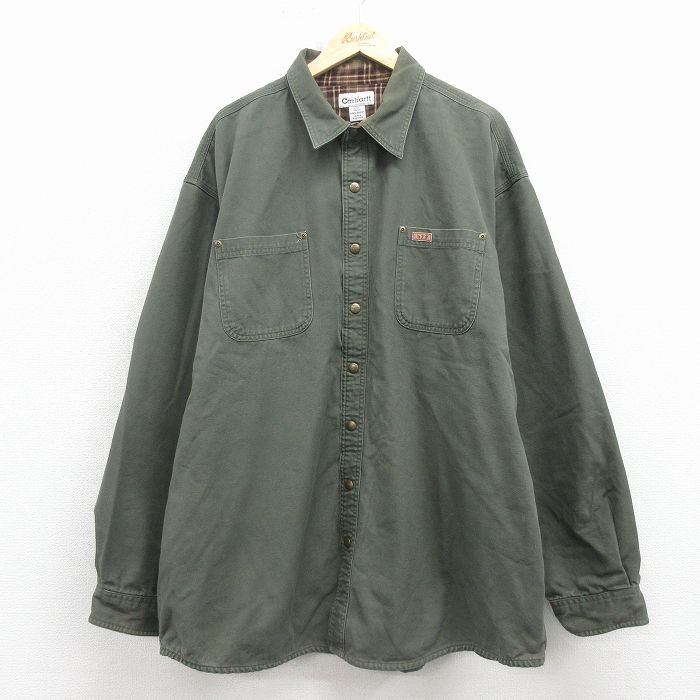 XL★古着 カーハート 長袖 シャツ ジャケット メンズ ダック地 大きいサイズ ロング丈 コットン 緑 26apr03