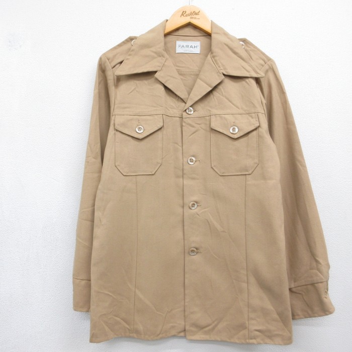 FARAH 70s 長袖シャツジャケット フラップポケット オープンカラー ベージュ メンズM相当 | 古着