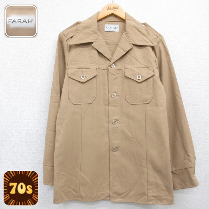 FARAH 70s 長袖シャツジャケット フラップポケット オープンカラー ベージュ メンズM相当 | 古着