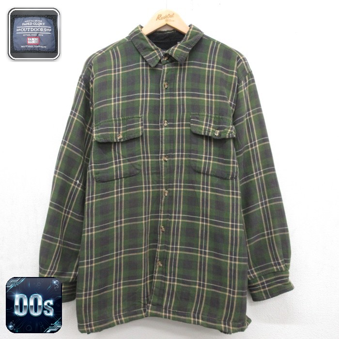FADED GLORY 長袖 シャツ ジャケット 00s フランネル キルティング フラップポケット コットン チェック 内側フリース メンズXL相当 | 古着