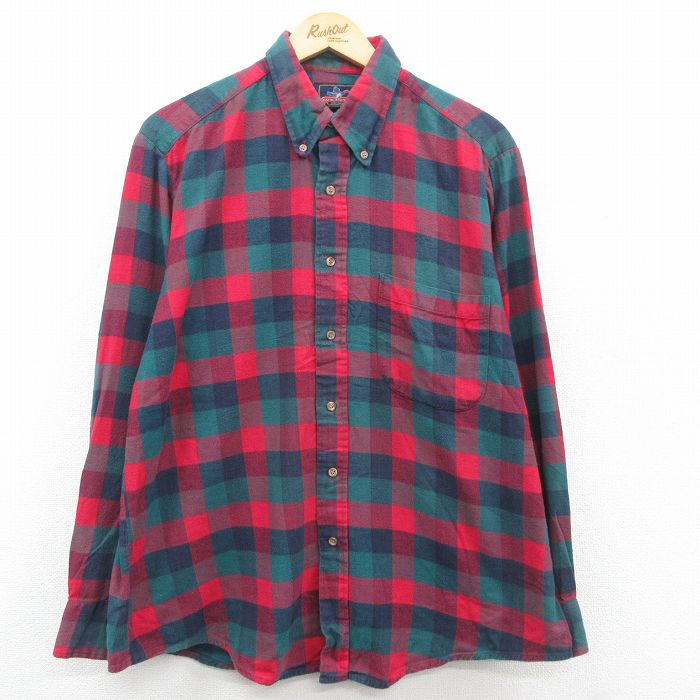 【50%OFF】XL★古着 長袖 フランネル シャツ メンズ 90年代 90s コットン ボタンダウン 赤他 レッド チェック 23sep28 中古 トップス