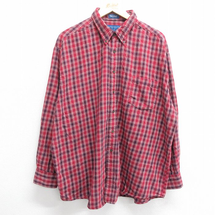 【50%OFF】XL★古着 タウンクラフト 長袖 フランネル シャツ メンズ 90年代 90s 大きいサイズ コットン ボタンダウン エンジ他 チェック 23oct16 中古 トップス