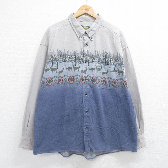 XL★古着 カベラス 長袖 ヘビー フランネル シャツ メンズ 00年代 00s シカ 大きいサイズ コットン ボタンダウン 紺他 ネイビー 23oct16 中古 トップス