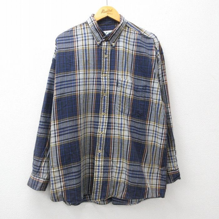 【50%OFF】XL★古着 IZOD 長袖 フランネル シャツ メンズ 90年代 90s 大きいサイズ コットン ボタンダウン 紺他 ネイビー チェック 23nov30 中古 トップス