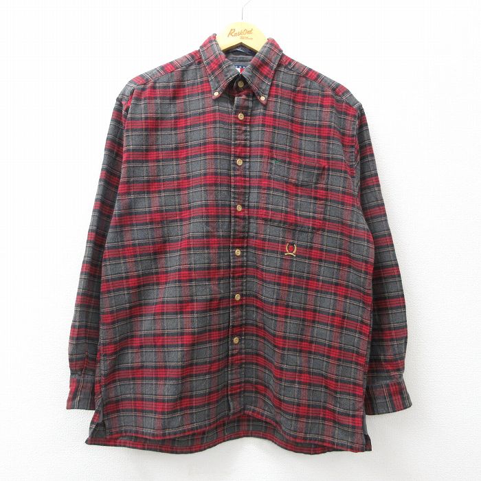 【50%OFF】XL★古着 トミーヒルフィガー TOMMY HILFIGER 長袖 ブランド ヘビー フランネル シャツ メンズ 90年代 90s ワンポイントロゴ コットン ボタンダウン 濃グレー他 チェック 24jan08 中古 トップス