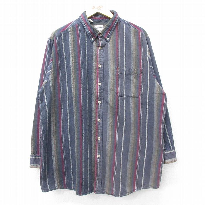 XL★古着 ピューリタン 長袖 フランネル シャツ メンズ 90年代 90s 大きいサイズ ボタンダウン 紺他 ネイビー ストライプ 24jan24 中古 トップス
