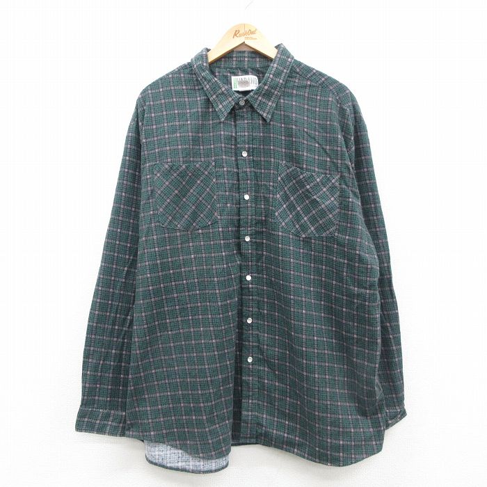 【50%OFF】XL★古着 HABAND 長袖 ヘビー フランネル シャツ メンズ 大きいサイズ ロング丈 緑他 グリーン チェック 24sep18 中古 トップス