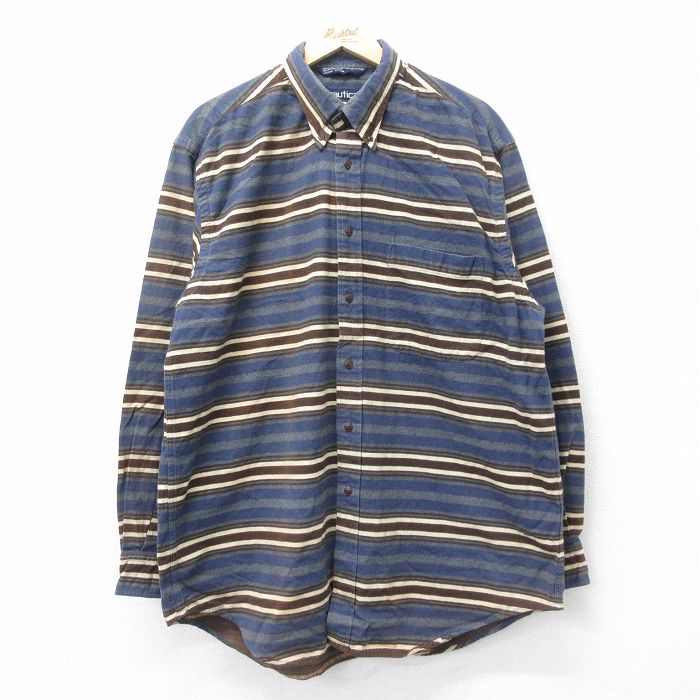 XL★古着 ノーティカ NAUTICA 長袖 ブランド フランネル シャツ メンズ 90年代 90s ワンポイントロゴ 大きいサイズ ロング丈 コットン ボタンダウン 紺他 ネイビー ボーダー 【spe】 24sep26 中古 トップス