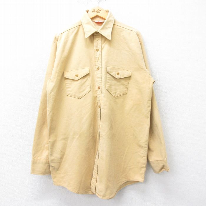 【50%OFF】XL★古着 長袖 ヘビー フランネル シャツ メンズ 80年代 80s 大きいサイズ ロング丈 コットン USA製 黄系 イエロー 24oct02 中古 トップス
