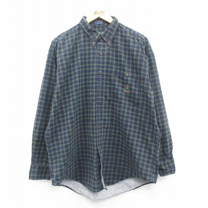 XL★古着 ラルフローレン Ralph Lauren チャップス 長袖 ブランド ヘビー フランネル シャツ メンズ 80年代 80s ワンポイントロゴ コットン ボタンダウン 紺他 ネイビー チェック 【spe】 24oct28 中古 トップス