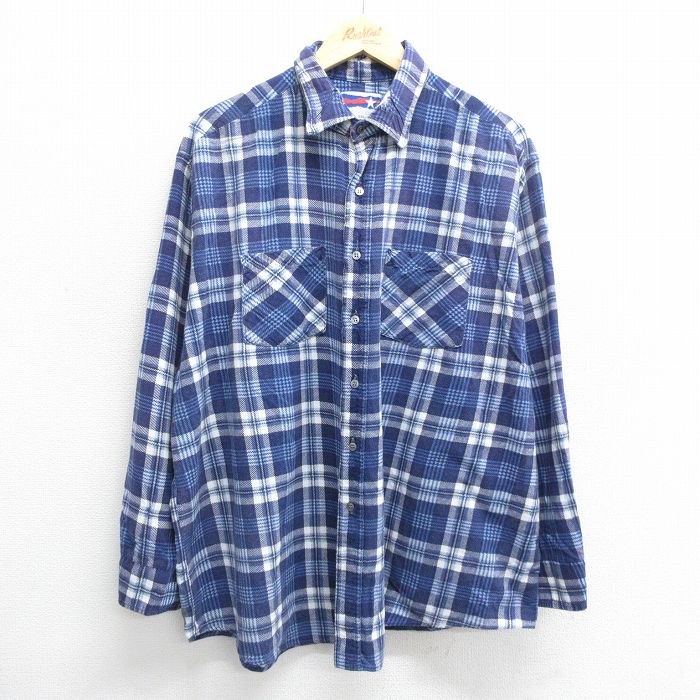 XL★古着 長袖 フランネル シャツ メンズ 90年代 90s 大きいサイズ コットン USA製 紺他 ネイビー チェック 24nov02 中古 トップス