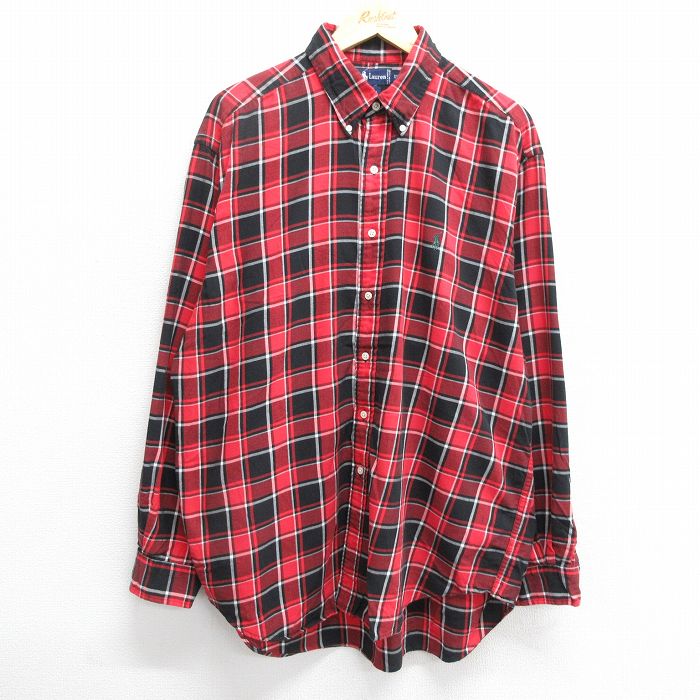 XL★古着 ラルフローレン Ralph Lauren 長袖 ブランド フランネル シャツ メンズ 90年代 90s ワンポイントロゴ BLAIRE 大きいサイズ コットン ボタンダウン 赤他 レッド チェック 24nov02 中古 トップス
