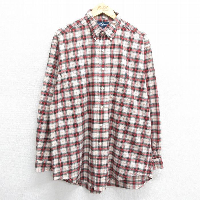 XL★古着 ラルフローレン Ralph Lauren 長袖 ブランド フランネル シャツ メンズ 90年代 90s ワンポイントロゴ BLAIRE 大きいサイズ ロング丈 コットン ボタンダウン 緑他 グリーン チェック 24nov02 中古 トップス