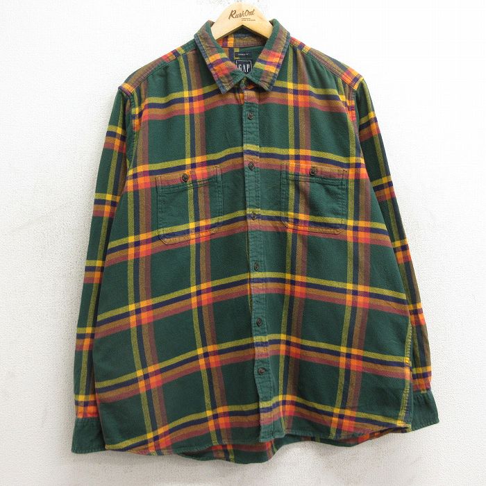 XL★古着 ギャップ GAP 長袖 フランネル シャツ メンズ 大きいサイズ コットン 緑他 グリーン チェック 24nov06 中古 トップス