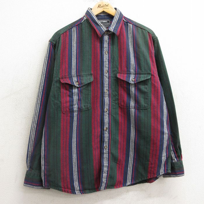 L★古着 長袖 フランネル シャツ メンズ 00年代 00s コットン 緑他 グリーン ストライプ 24nov06 中古 トップス