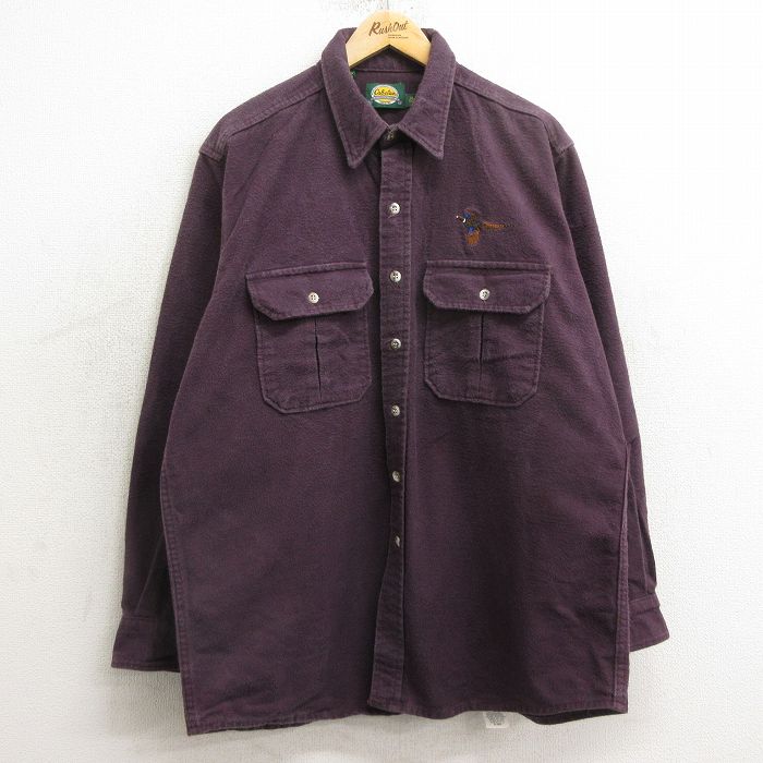 XL★古着 カベラス 長袖 ヘビー フランネル シャツ メンズ 90年代 90s 鳥 大きいサイズ ロング丈 コットン USA製 エンジ 24nov06 中古 トップス