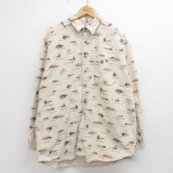 XL★古着 オービス ORVIS 長袖 ヘビー フランネル シャツ メンズ 90年代 90s 釣り ルアー 大きいサイズ ロング丈 コットン USA製 ベージュ他 カーキ 【spe】 24nov08 中古 トップス