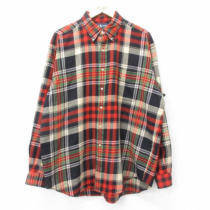 XL★古着 ラルフローレン Ralph Lauren 長袖 ブランド ウール シャツ メンズ 90年代 90s BLAIRE ワンポイントロゴ 大きいサイズ ボタンダウン 赤 レッド チェック 24nov09 中古 トップス