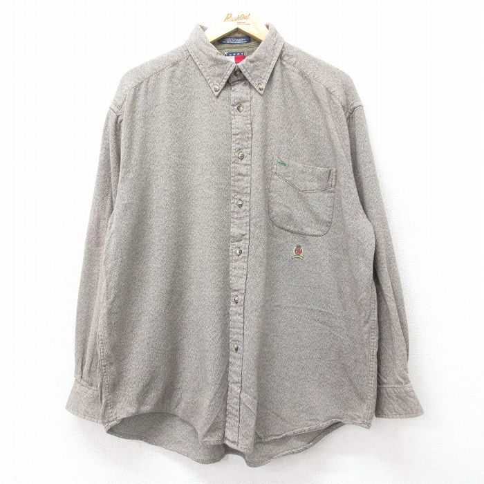 XL★古着 トミーヒルフィガー TOMMY HILFIGER 長袖 ブランド ヘビー フランネル シャツ メンズ 90年代 90s ワンポイントロゴ 大きいサイズ コットン ボタンダウン 茶系 ブラウン 24nov09 中古 トップス