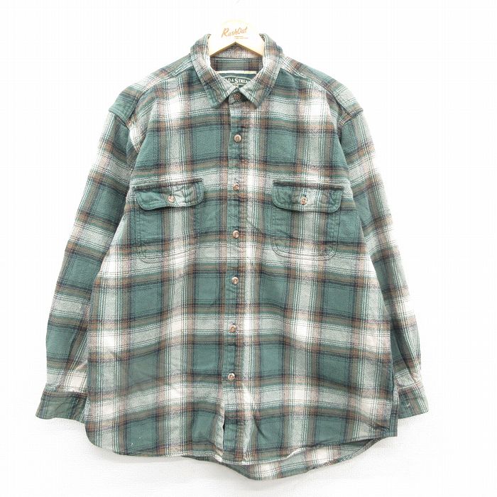 XL★古着 長袖 ヘビー フランネル シャツ メンズ コットン 緑他 グリーン チェック 24nov11 中古 トップス