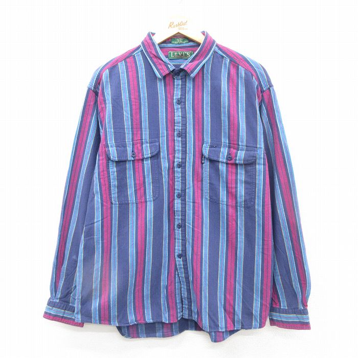 XL★古着 リーバイス Levis 長袖 フランネル シャツ メンズ 90年代 90s ビッグE コットン 紺他 ネイビー ストライプ 24nov11 中古 トップス