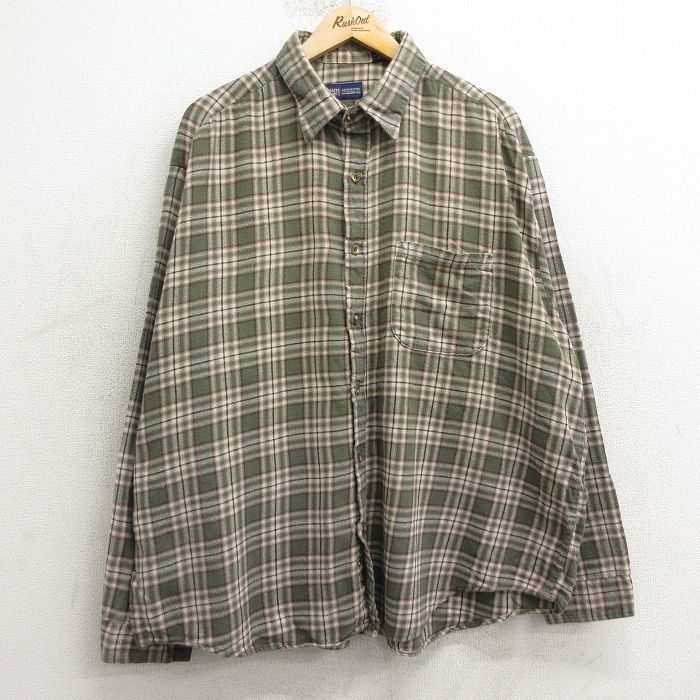 XL★古着 FADED GLORY 長袖 フランネル シャツ メンズ 90年代 90s 大きいサイズ コットン USA製 緑他 グリーン チェック 24nov15 中古 トップス
