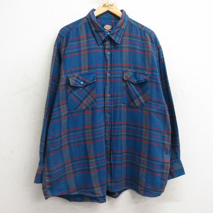 XL★古着 ディッキーズ Dickies 長袖 フランネル シャツ メンズ 大きいサイズ ロング丈 コットン 紺系他 ネイビー チェック 24nov15 中古 トップス