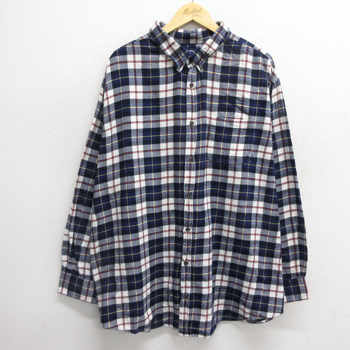 XL★古着 長袖 フランネル シャツ メンズ 大きいサイズ ロング丈 コットン 濃紺他 ネイビー チェック 24nov18 中古 トップス