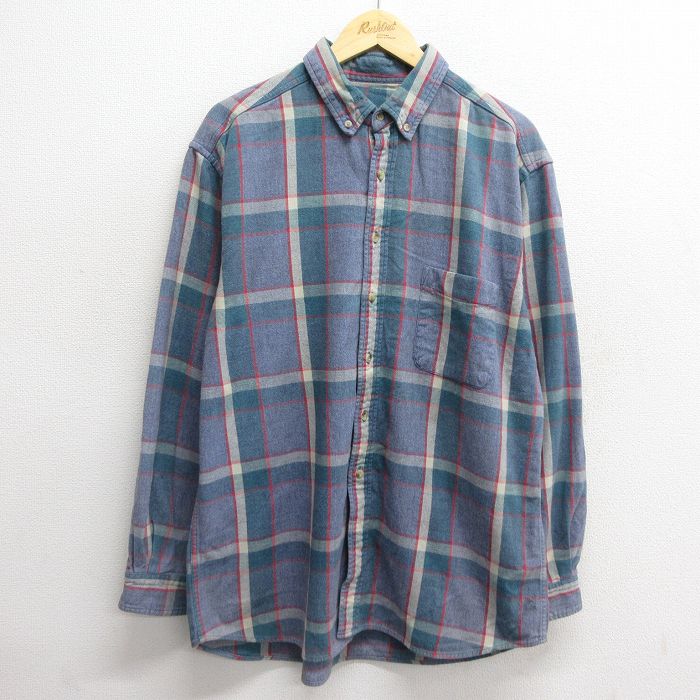XL★古着 長袖 ヘビー フランネル シャツ メンズ 90年代 90s コットン ボタンダウン 紺他 ネイビー チェック 24nov18 中古 トップス