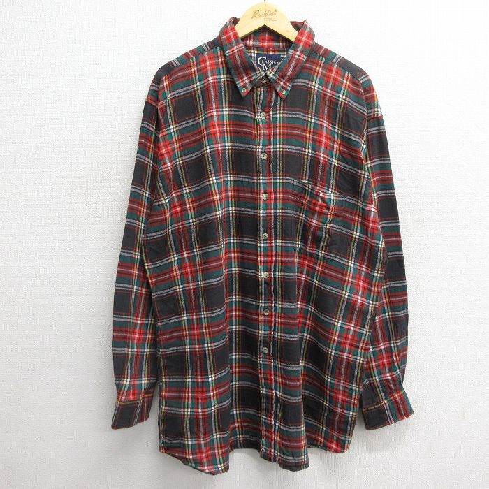 XL★古着 長袖 ヘビー フランネル シャツ メンズ 大きいサイズ ロング丈 コットン ボタンダウン 赤他 レッド チェック 24nov18 中古 トップス