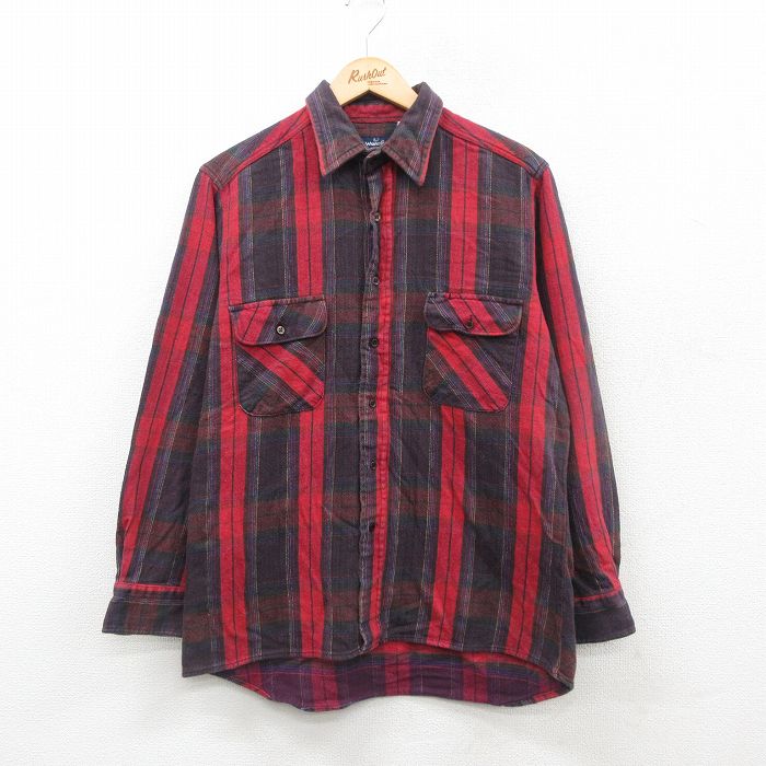 L★古着 ラングラー Wrangler 長袖 フランネル シャツ メンズ 90年代 90s コットン 赤他 レッド チェック 24nov18 中古 トップス