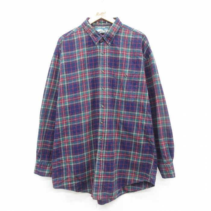 XL★古着 長袖 フランネル シャツ メンズ 大きいサイズ ロング丈 コットン ボタンダウン 濃紺他 ネイビー チェック 24nov18 中古 トップス