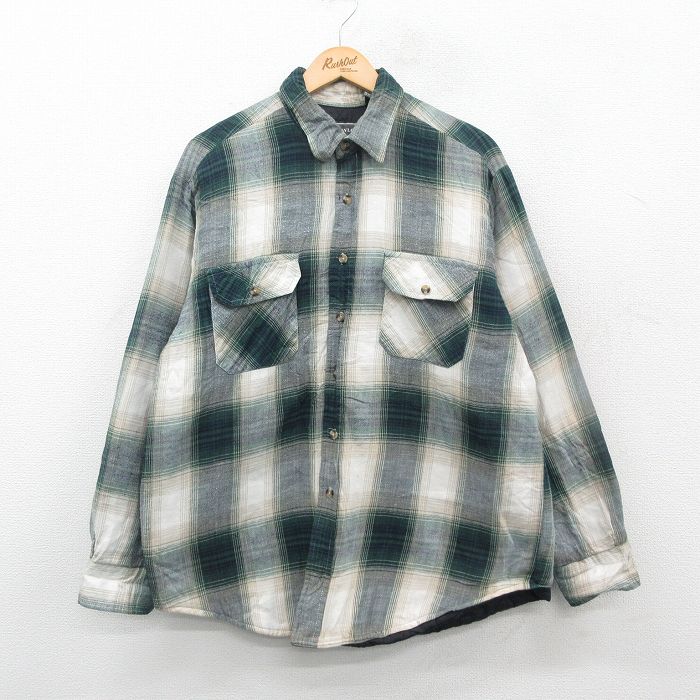 XL★古着 長袖 フランネル シャツ メンズ 90年代 90s コットン 緑他 グリーン オンブレ チェック 内側キルティング 24nov19 中古 トップス