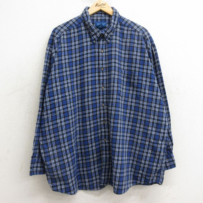 XL★古着 タウンクラフト 長袖 フランネル シャツ メンズ 大きいサイズ コットン ボタンダウン 青他 ブルー チェック 24nov20 中古 トップス