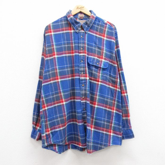 XL★古着 ロンドンフォグ 長袖 フランネル シャツ メンズ 90年代 90s 大きいサイズ ロング丈 コットン ボタンダウン USA製 青他 ブルー チェック 【spe】 24nov21 中古 トップス