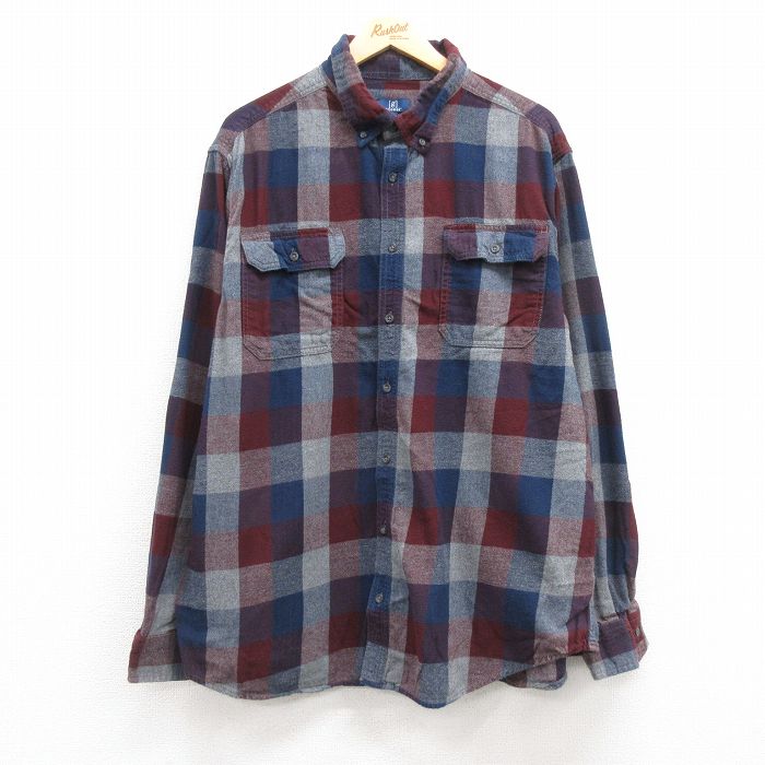 XL★古着 長袖 フランネル シャツ メンズ 大きいサイズ ロング丈 コットン ボタンダウン 紺他 ネイビー チェック 24nov21 中古 トップス