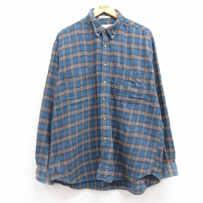 XL★古着 エディーバウアー 長袖 フランネル シャツ メンズ 00年代 00s コットン ボタンダウン 紺他 ネイビー チェック 24nov21 中古 トップス