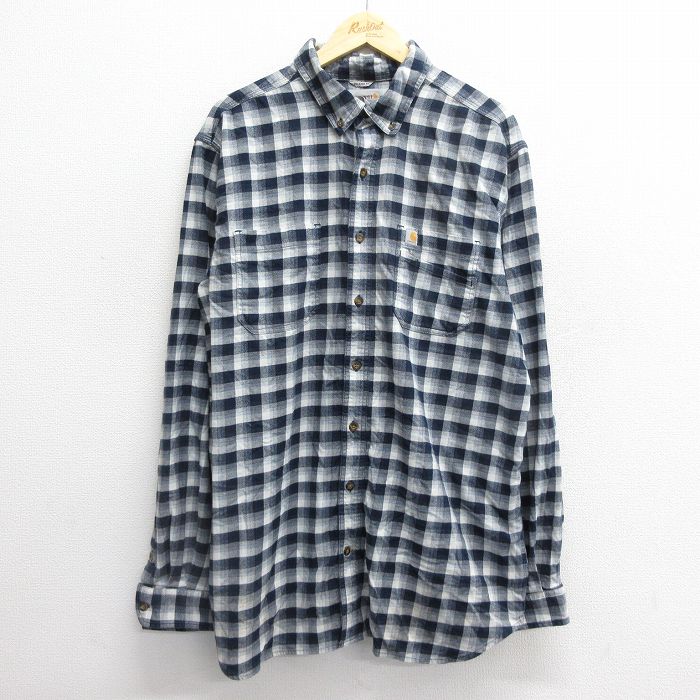 XL★古着 カーハート Carhartt 長袖 フランネル シャツ メンズ ロング丈 ボタンダウン 紺他 ネイビー チェック 24nov25 中古 トップス